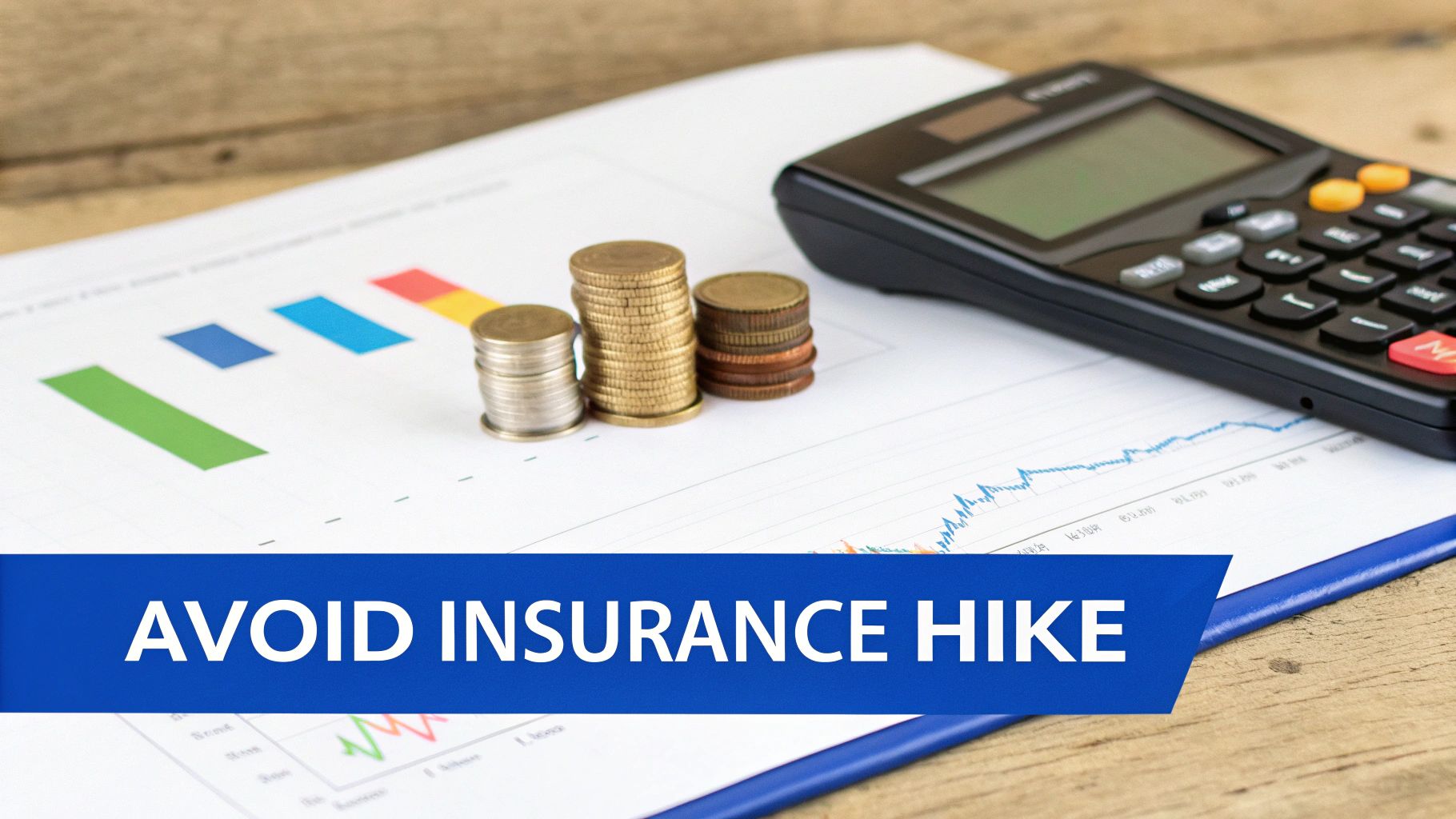 Financial documents with charts, stacked coins, and a calculator, with 'AVOID INSURANCE HIKE' banner.