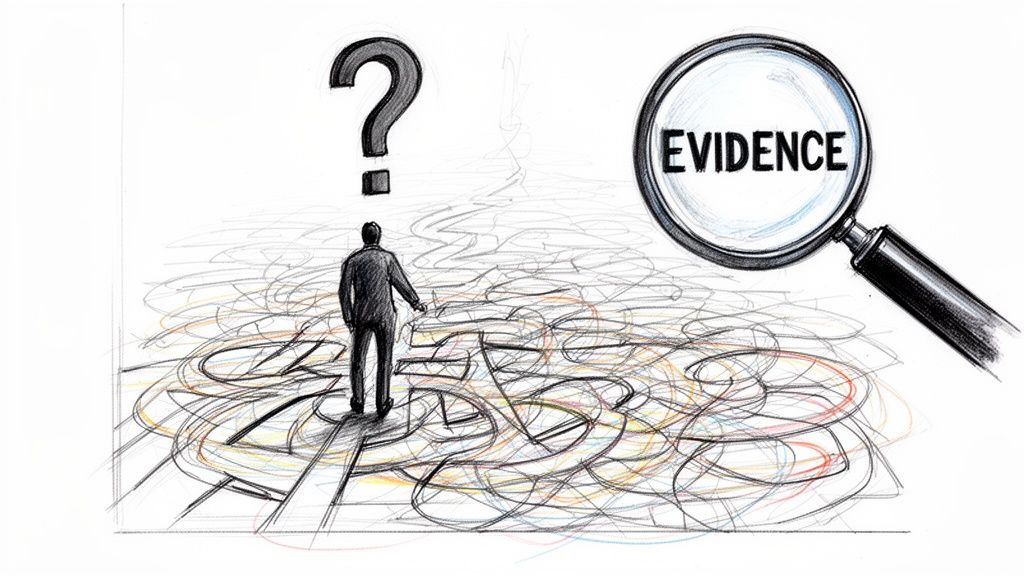 A person stands in a chaotic maze of lines looking for answers under a large magnifying glass.