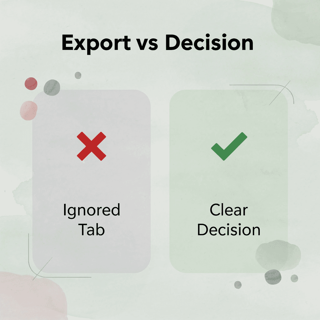 Before and after showing exported data becoming a decision