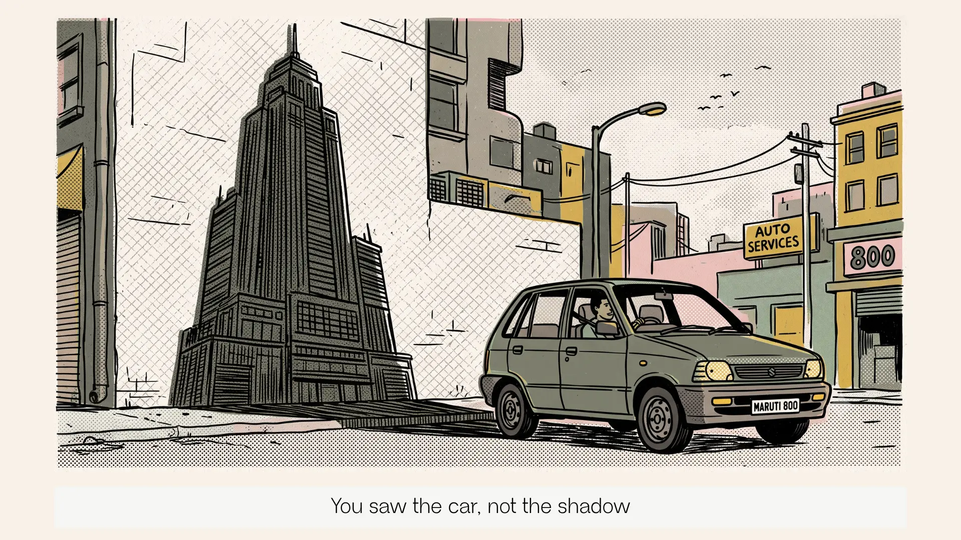 A humble maruti 800 casting the shadow of a skyscrapper