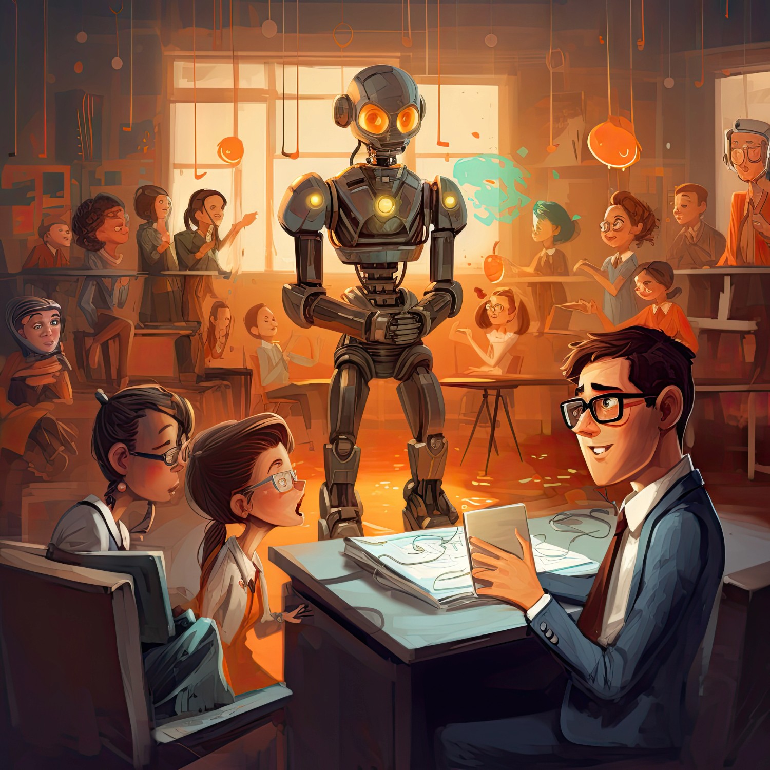 1. A cartoon robot stands in a classroom, surrounded by students seated at desks, engaged in learning activities.