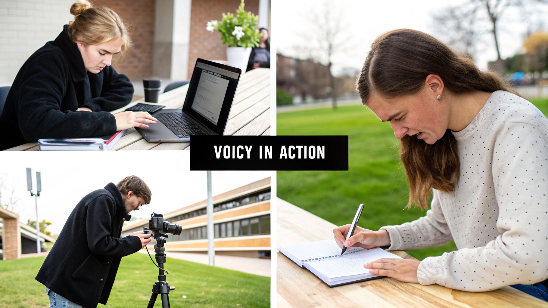 Four images show individuals working on laptops, writing, and filming outdoors, illustrating various productive activities.