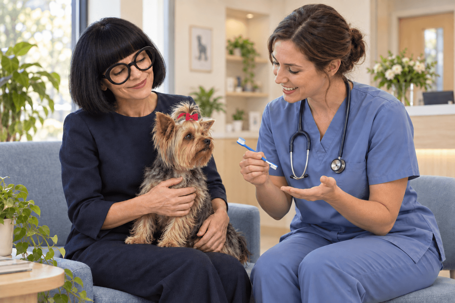 A veterinarian explains dog dental care to a woman and her Yorkshire terrier.