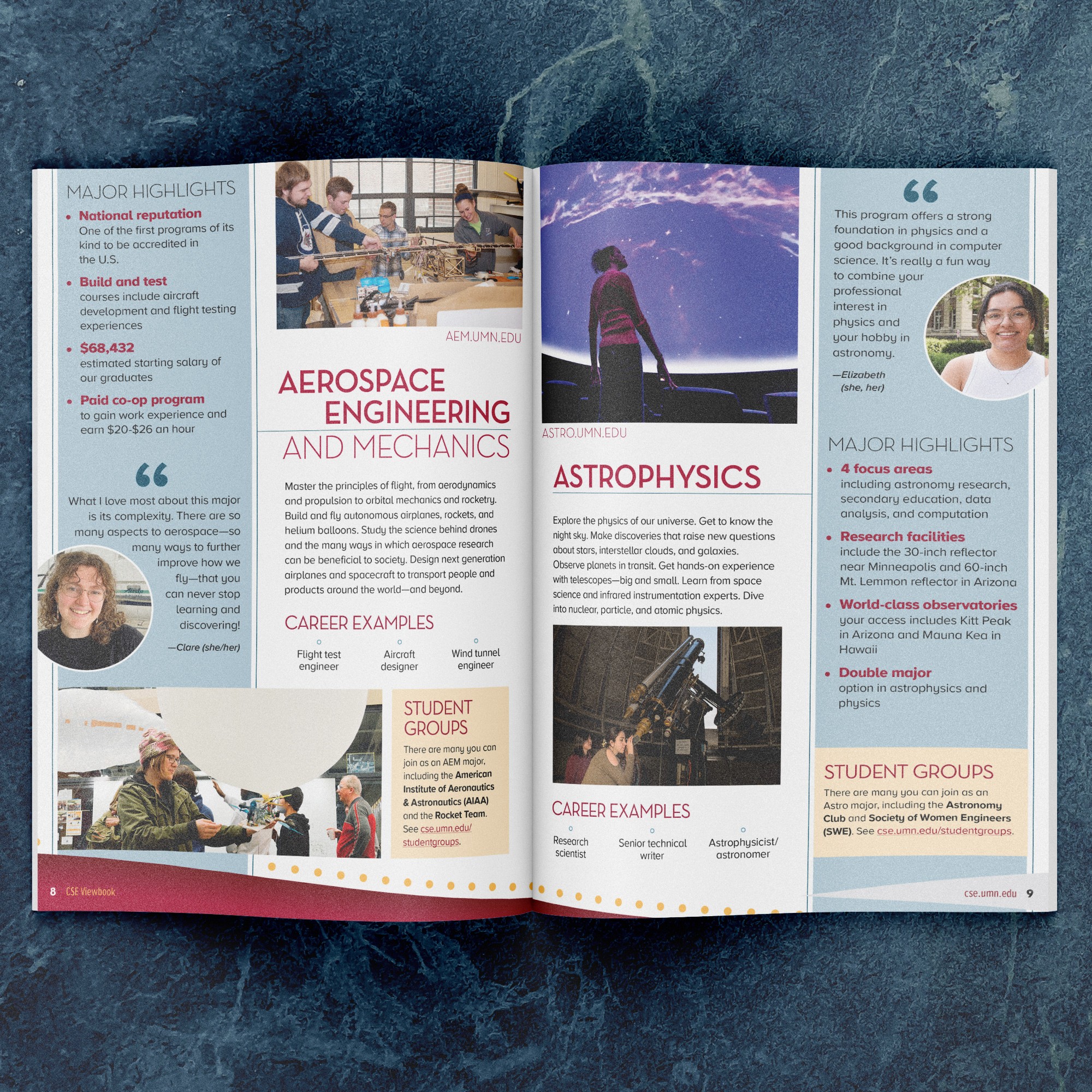 Booklet spread for Aerospace Engineering and Astrophysics