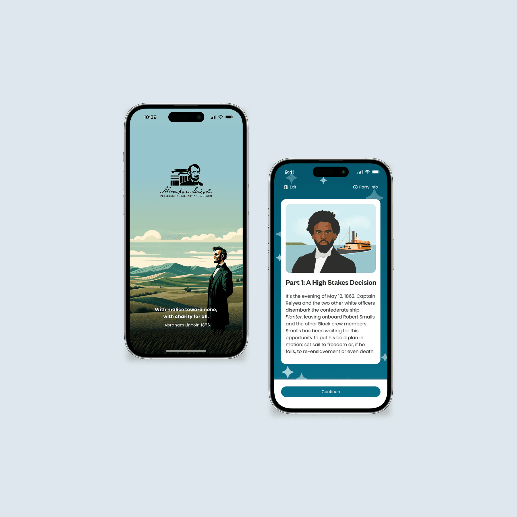 Main Project Image of two high fidelity iphone16pro screens of the mobile app depicting the Splash screen with lincoln and a quote and then a screen from the Robert Smalls mini-game