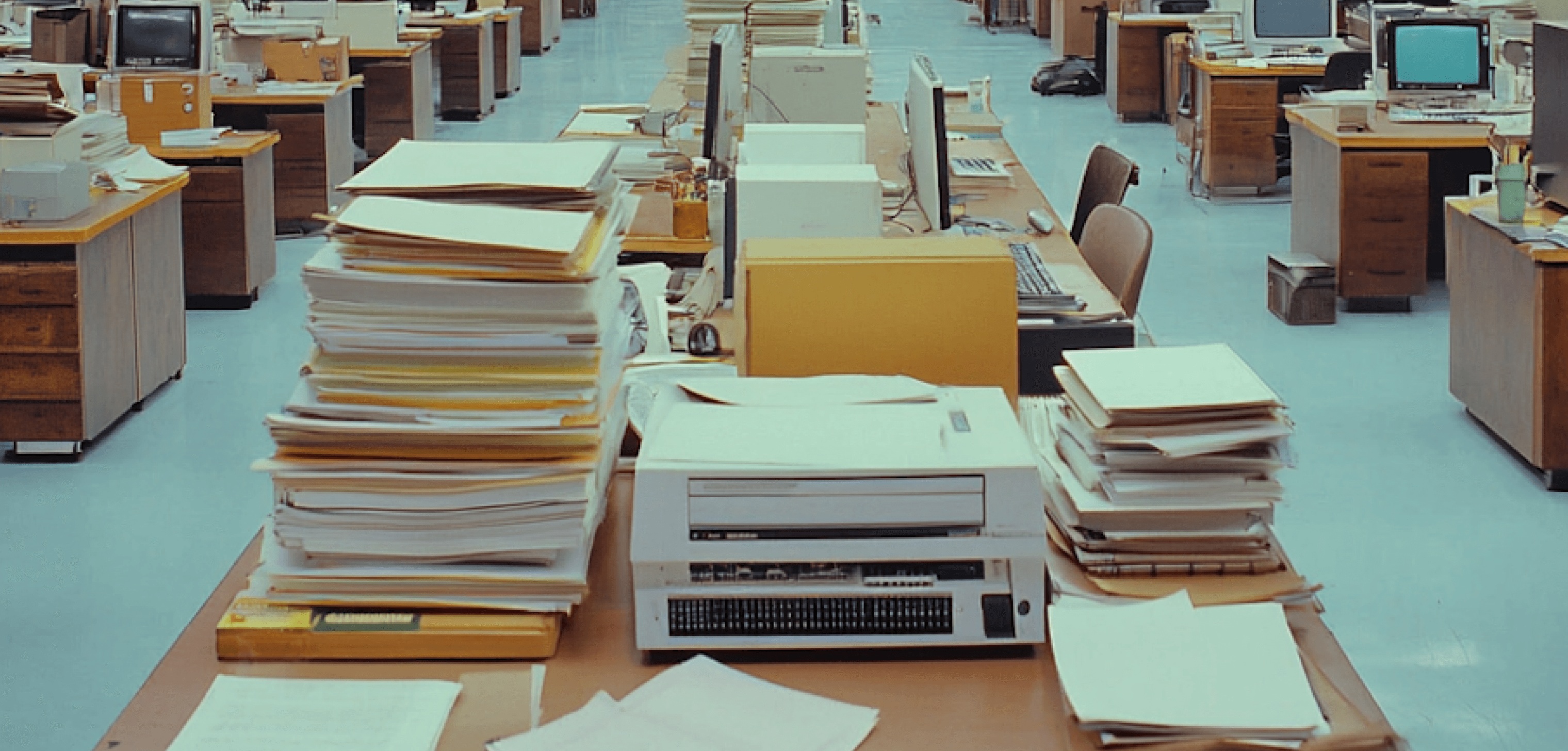 Vintage office with rows of desks, old monitors, and stacks of paper on a blue floor.
