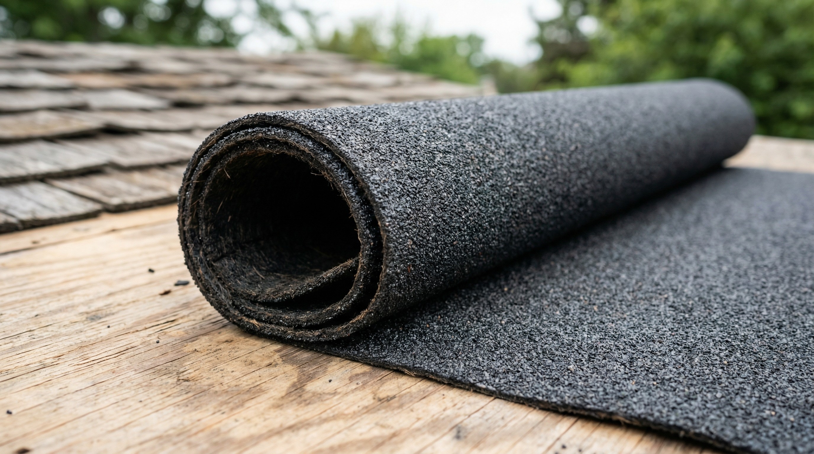 Close-up of a rolled-up black roofing material on a wooden surface.