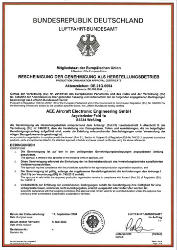 EASA Part 21 certificate, reference number DE.21G.0054.
