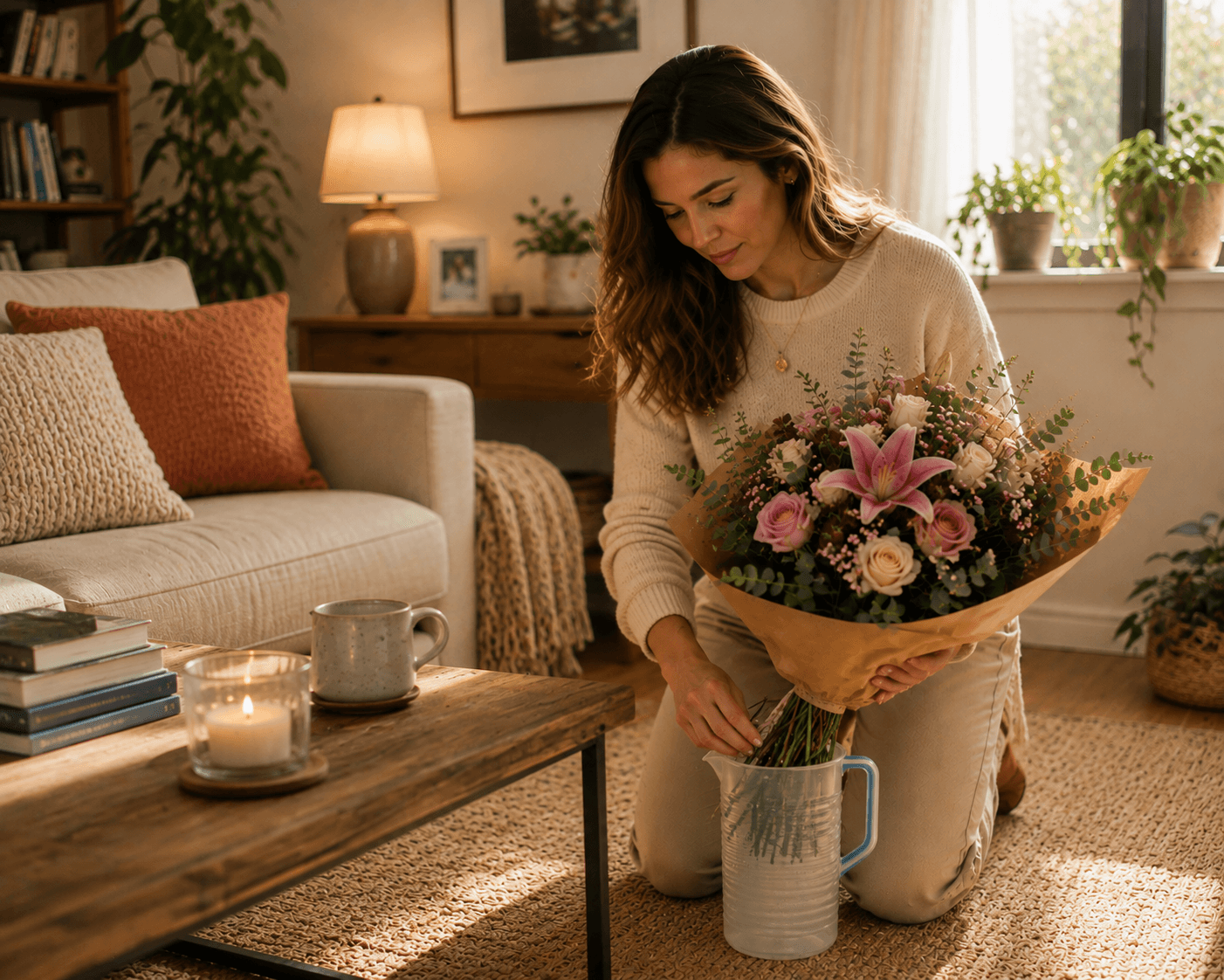 Mujer en casa improvisando un recipiente para colocar un ramo de flores