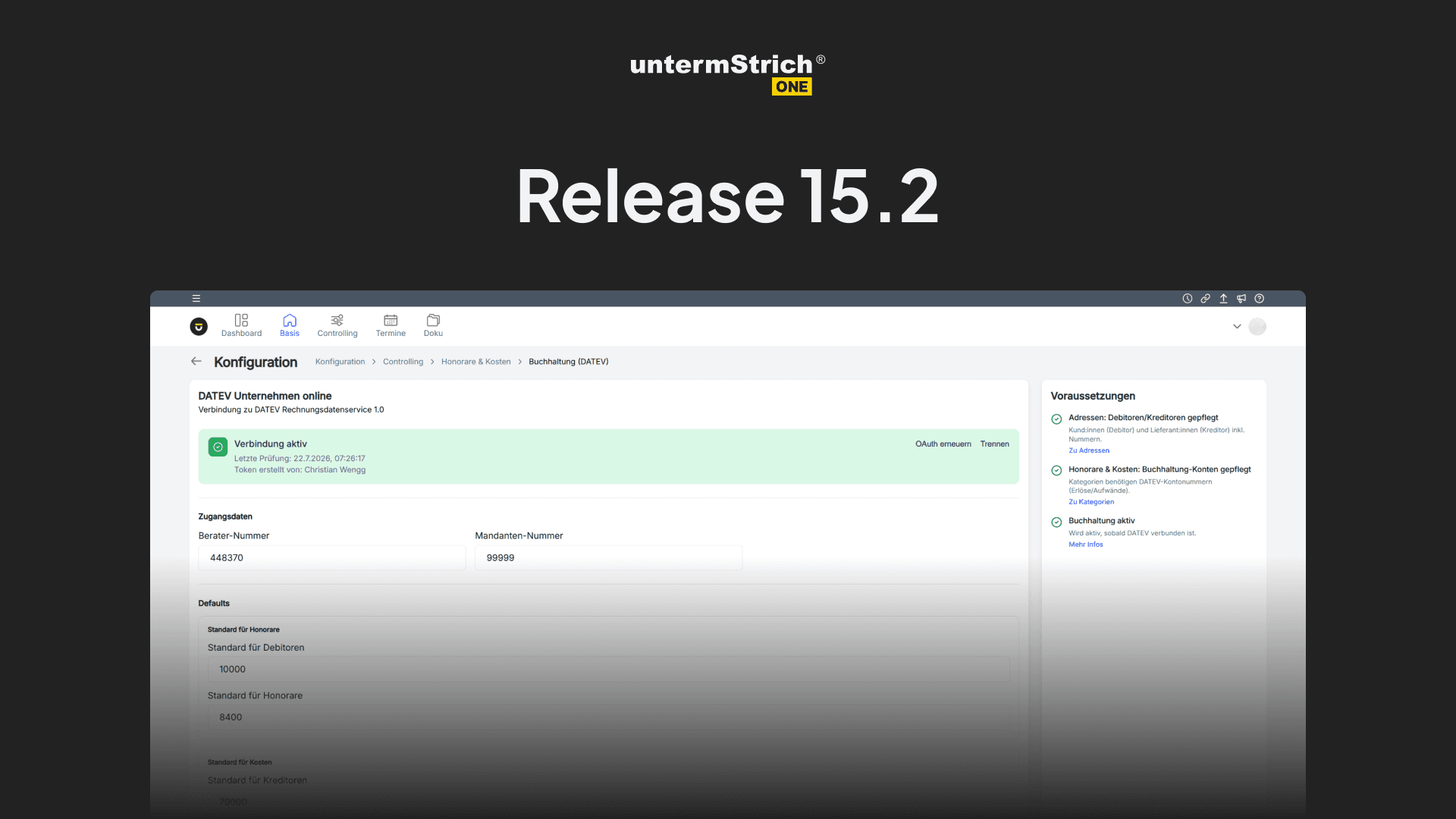 DATEV integriert in untermStrich ONE 15.2