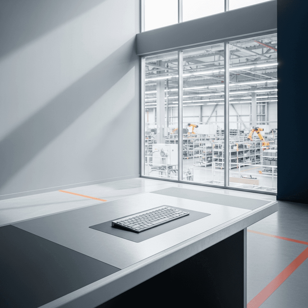 Editorial photograph of a clean, modern manufacturing facility control room. In the foreground, a brushed aluminum console with a single, unlit keyboard. In the background, large, minimalist glass walls look out onto a brightly lit, organized factory floor with robotic arms visible in the distance. The lighting is natural and bright, coming from large windows. The overall color palette is dominated by the Agintex brand colors: cool grays and #1F3B5B navy blue, with a single safety line on the floor in #E76F51 orange. The upper-left third of the image is a clean, out-of-focus wall, providing ample space for text overlay. Aspect ratio 16:9, photorealistic, no people, no text, no logos.