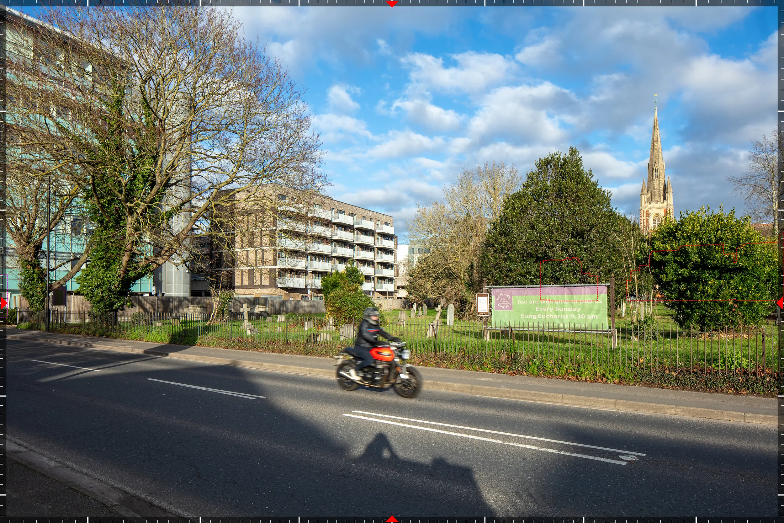 AVR1 verified view looking towards the proposed EV Charging Station from Albert Road at the junction with Church Street, prepared by Eye-Kon.