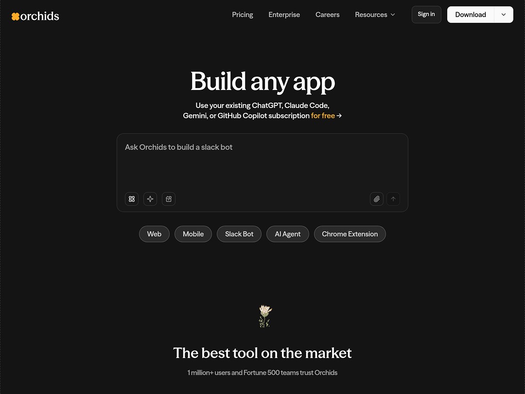 Orchids homepage featuring app development interface options.