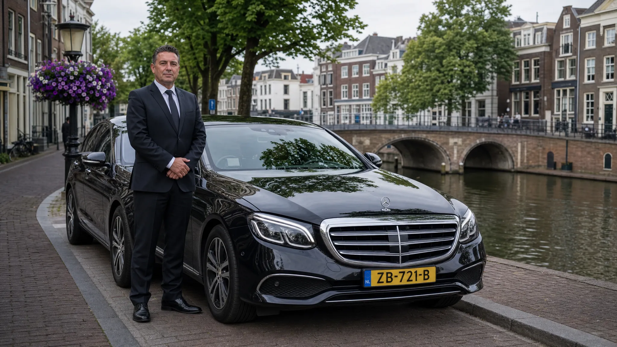Een representatieve chauffeur staat naast een luxe zakelijke auto bij de stoep in Utrecht, terwijl op de achtergrond een rustige kade, brug en stedelijke bebouwing zichtbaar zijn.