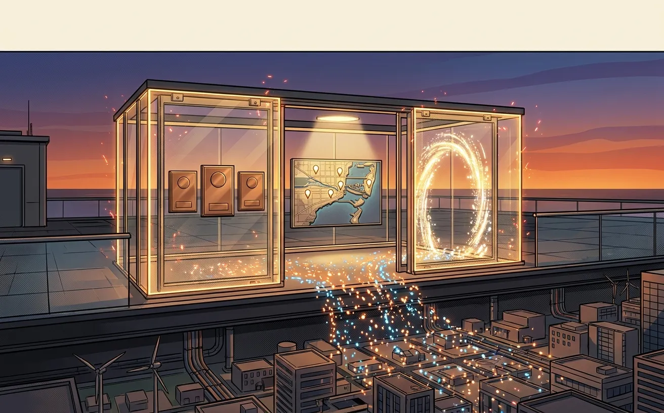 Modern office view with digital map and glowing portal; RockN' Socials, Digital Marketing Agency.