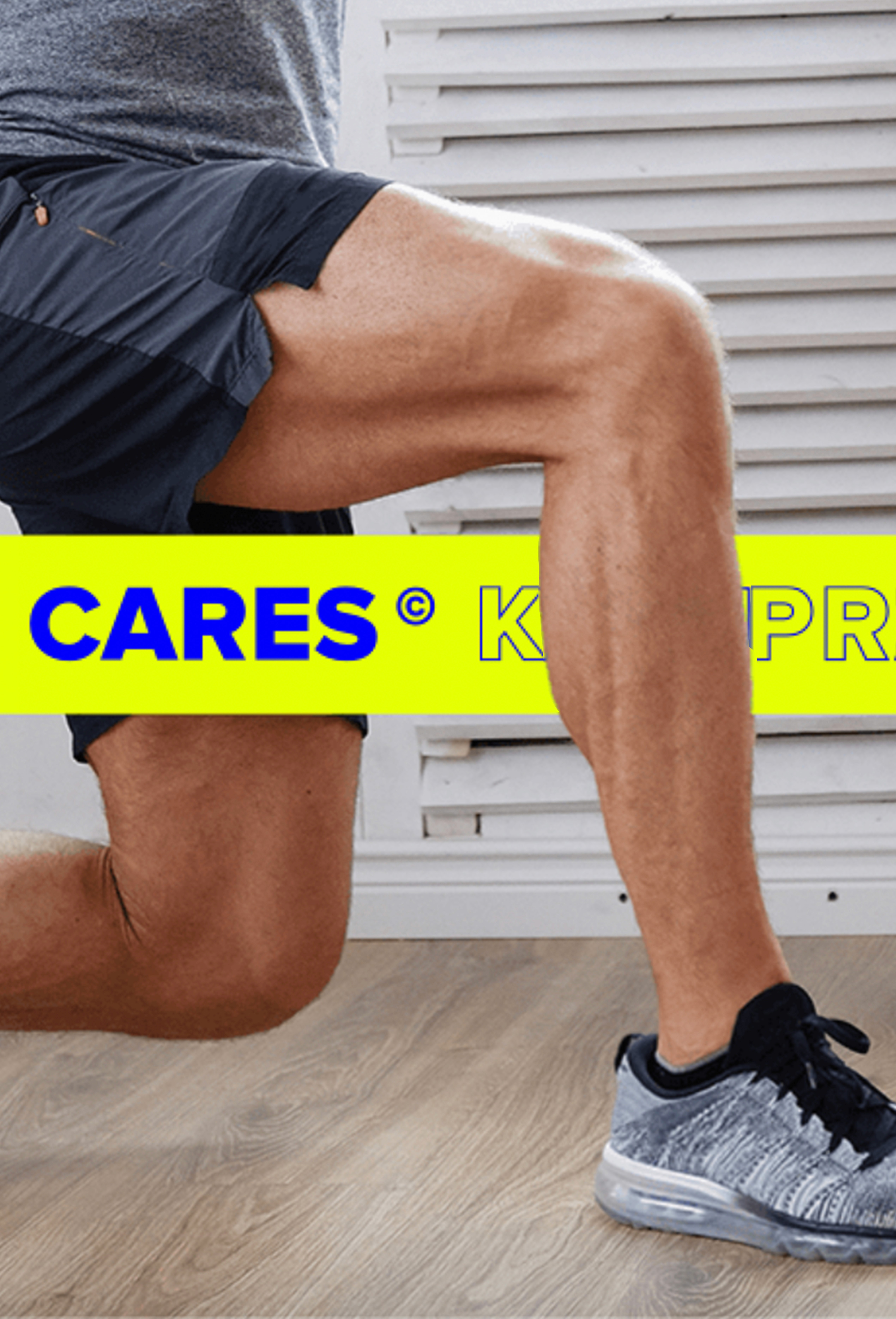 Kinepraktijk cares case image, man in athletic wear stepping over the kinepraktijk cares logo