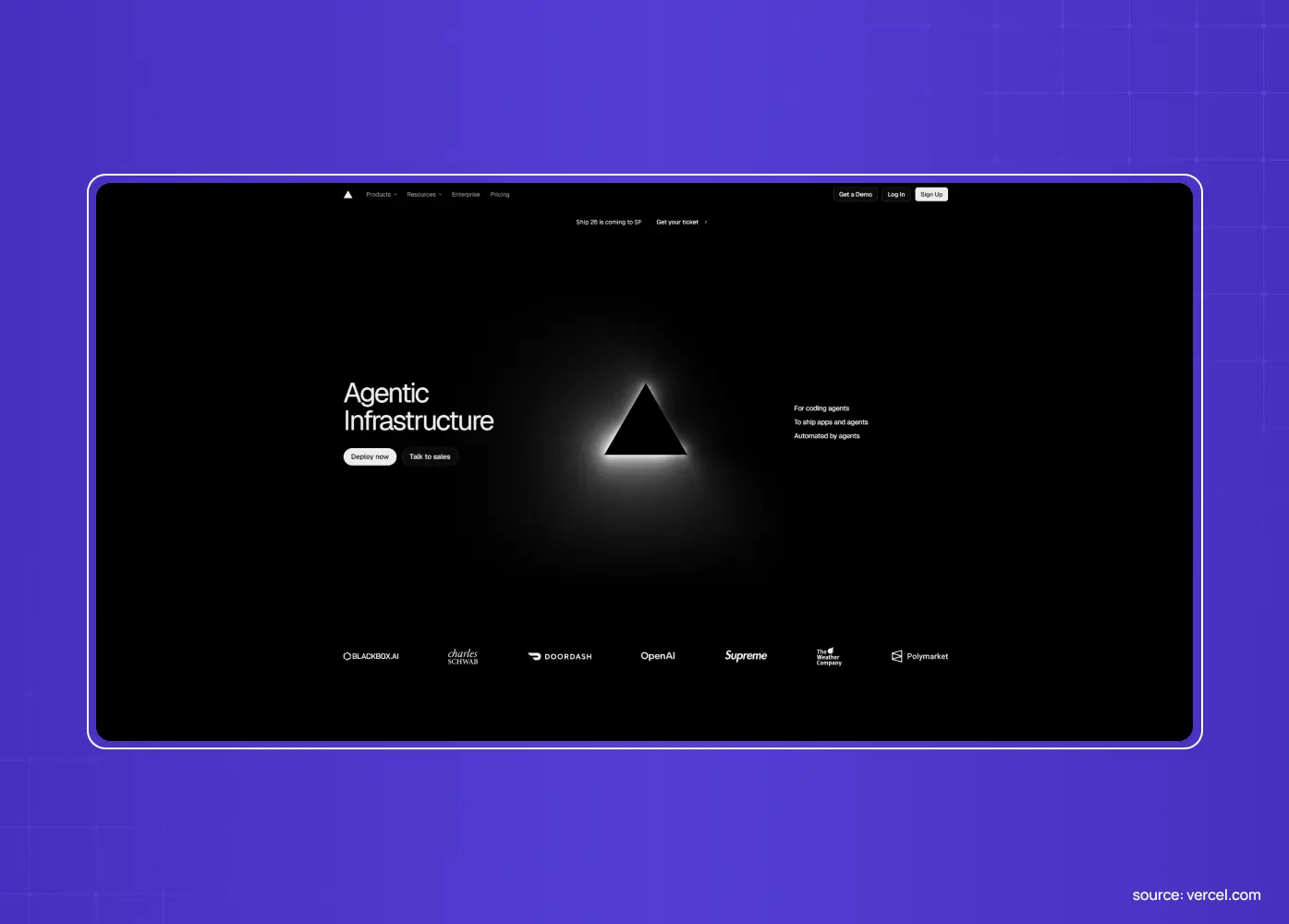 Dark website for an agentic infrastructure platform featuring a glowing triangular graphic and the headline “Agentic Infrastructure.”