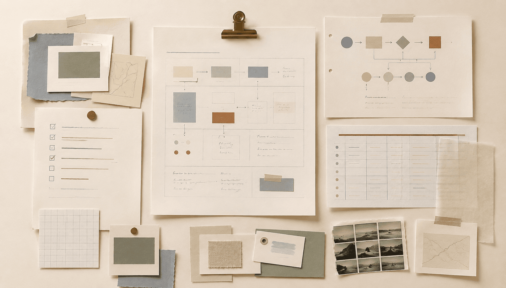 Editorial flat lay of project-planning materials, including checklists, flow diagrams, grids, reference cards, and documentation fragments arranged on a warm cream surface.