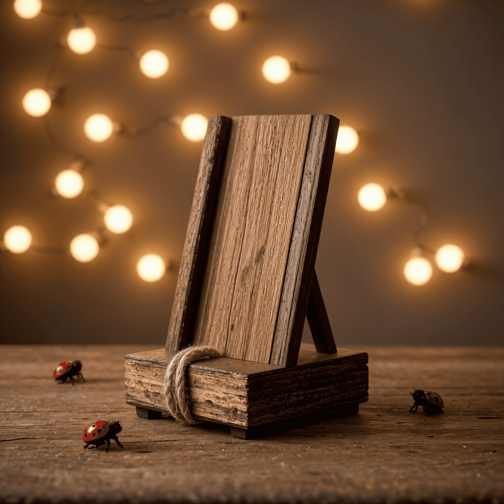 product photography of a wooden display stand with decorative rope and ladybug accents