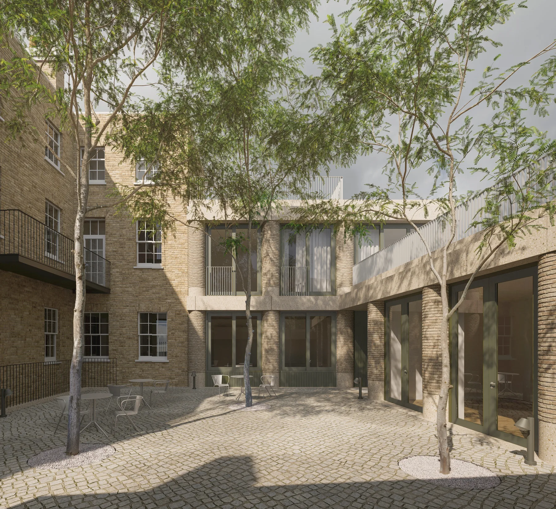 Residential building facade with brick and timber detailing — NewCourt London