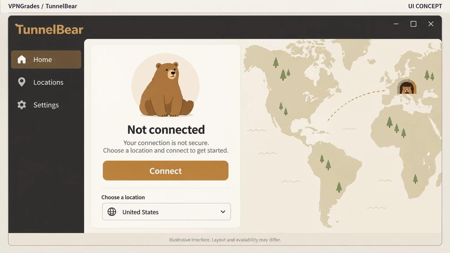 TunnelBear: a desktop connection interface (illustration).