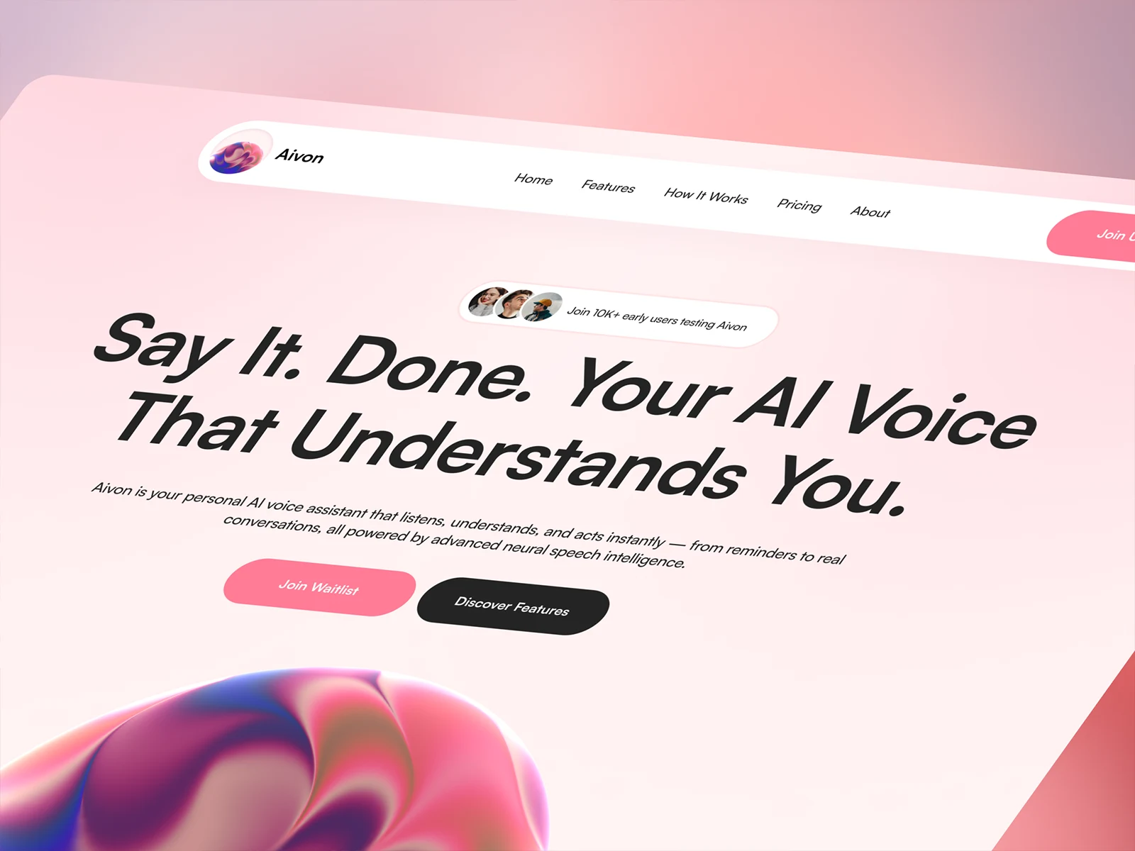 AI voice assistant website built in Framer with modern layout and feature highlights.