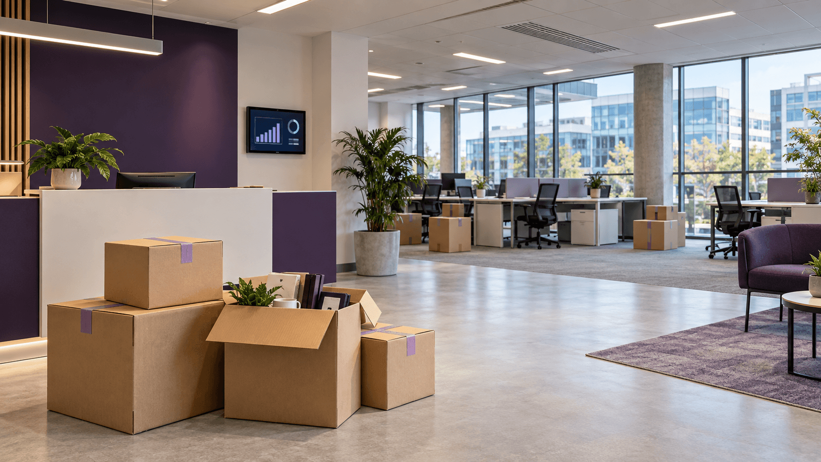 Moving boxes in a vacant commercial office, with lights on and an energy dashboard on the wall.