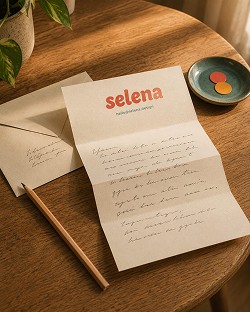 A handwritten letter on a wooden table, opened and featuring "selena" in bold text. A pencil and an envelope are nearby. Warm, inviting ambiance.