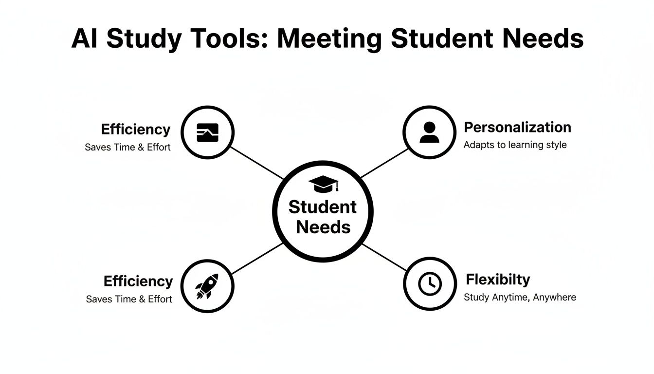 Diagram illustrating how AI study tools address student needs through efficiency, personalization, and flexibility.