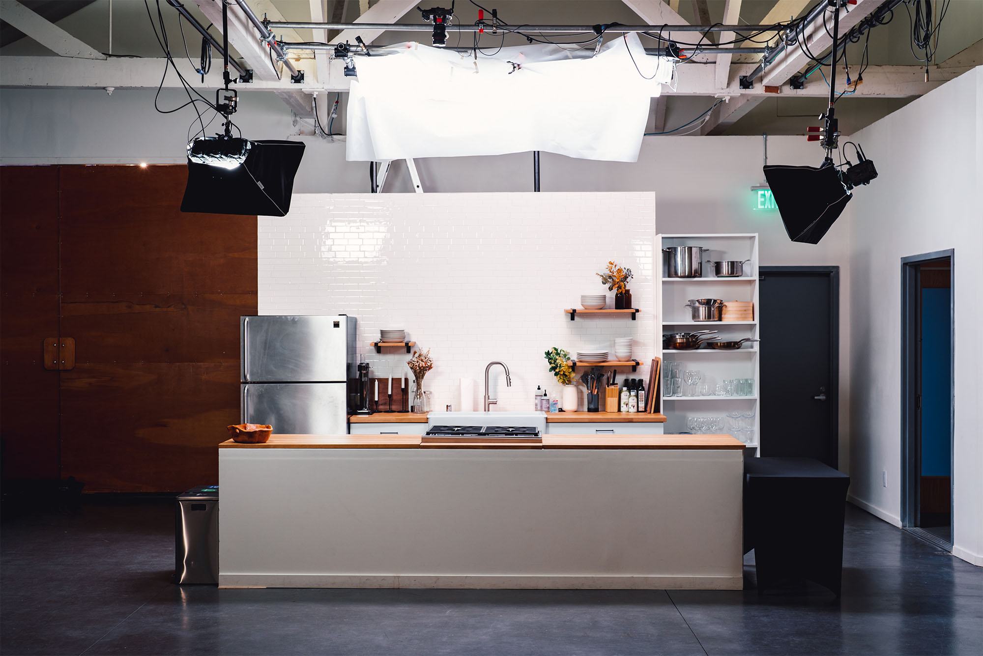 The studio kitchen at Particle Studio in Seattle Wa is well lit and ready for production.