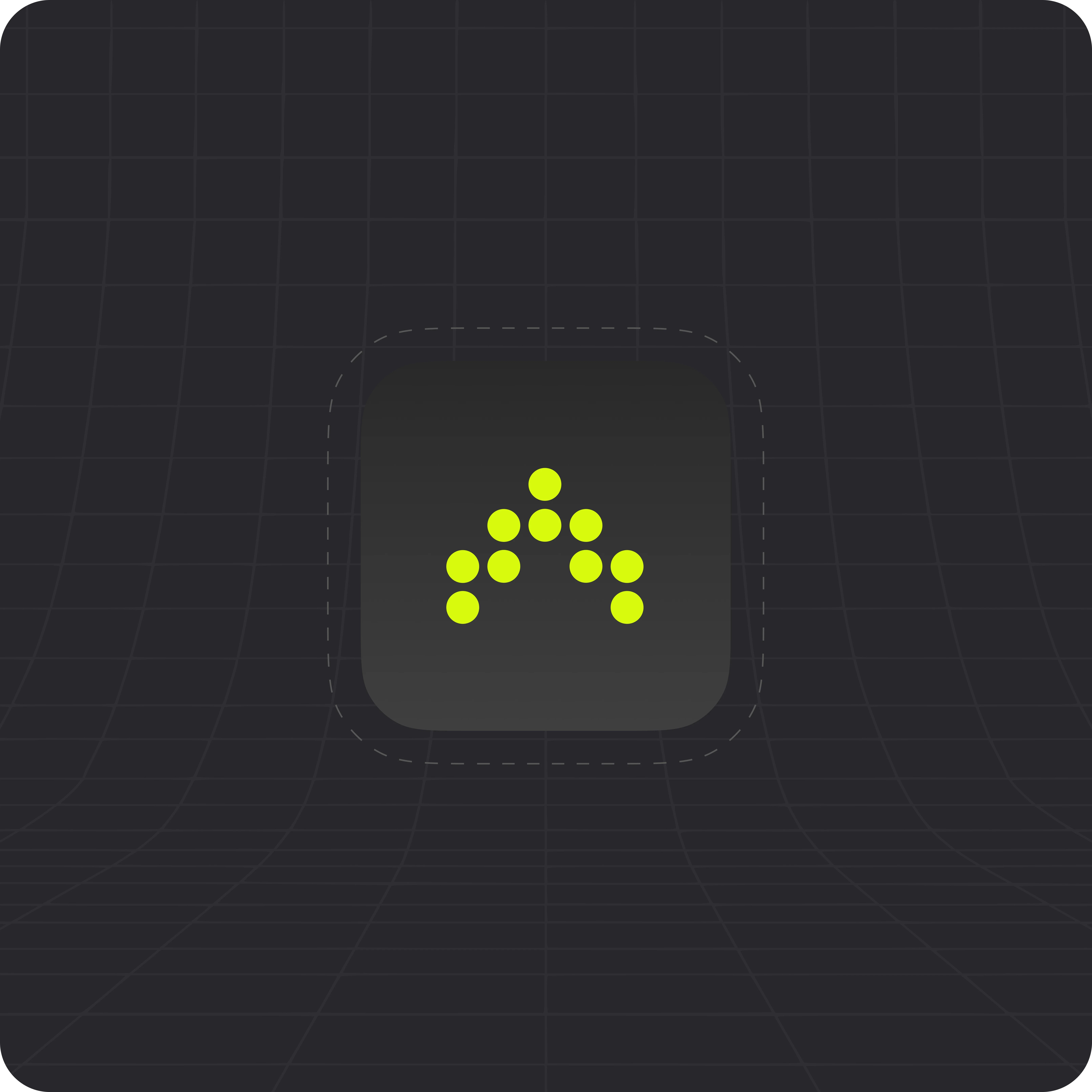 A dark-themed app icon with a grid background featuring the Antimetal logo. The logo consists of small neon yellow dots arranged in an upward-pointing arrow shape. The icon has rounded corners and is centrally positioned within the image.