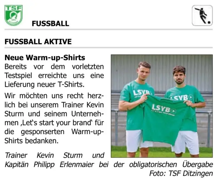 Artikel aus dem Ditzinger Anzeiger – TSF dankt LSYB für Warm-up-Shirts und lokales Engagement