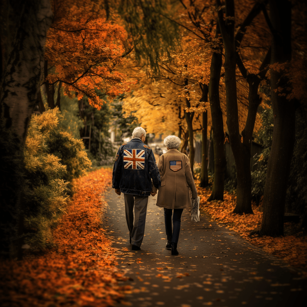 elderly couple walking in the fall with union jack and american flag patches on their jackets