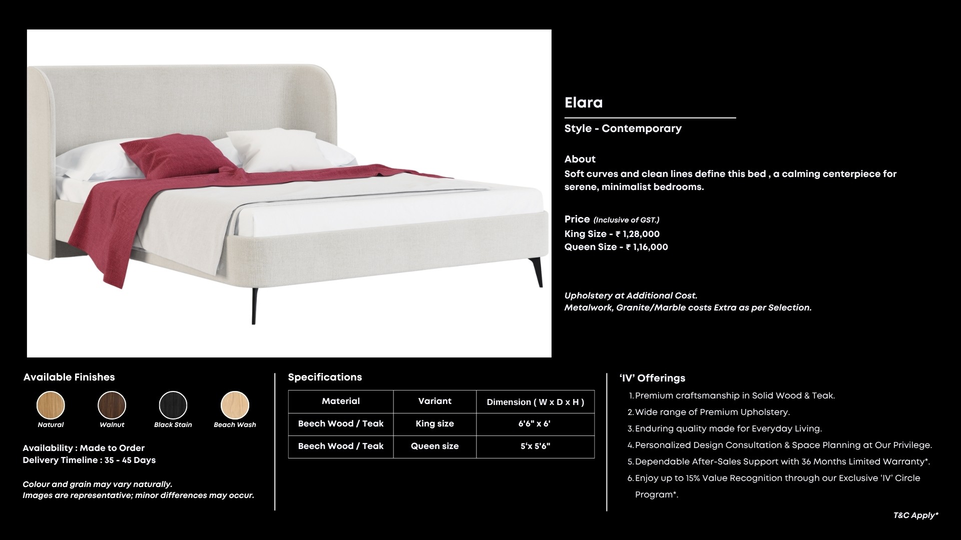 Beige upholstered bed with curved headboard and black legs.