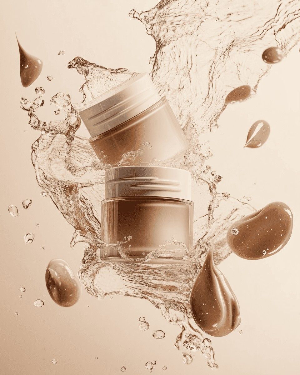 Two beige cosmetic jars are surrounded by swirling splashes of creamy liquid, creating an elegant and luxurious beauty product display.