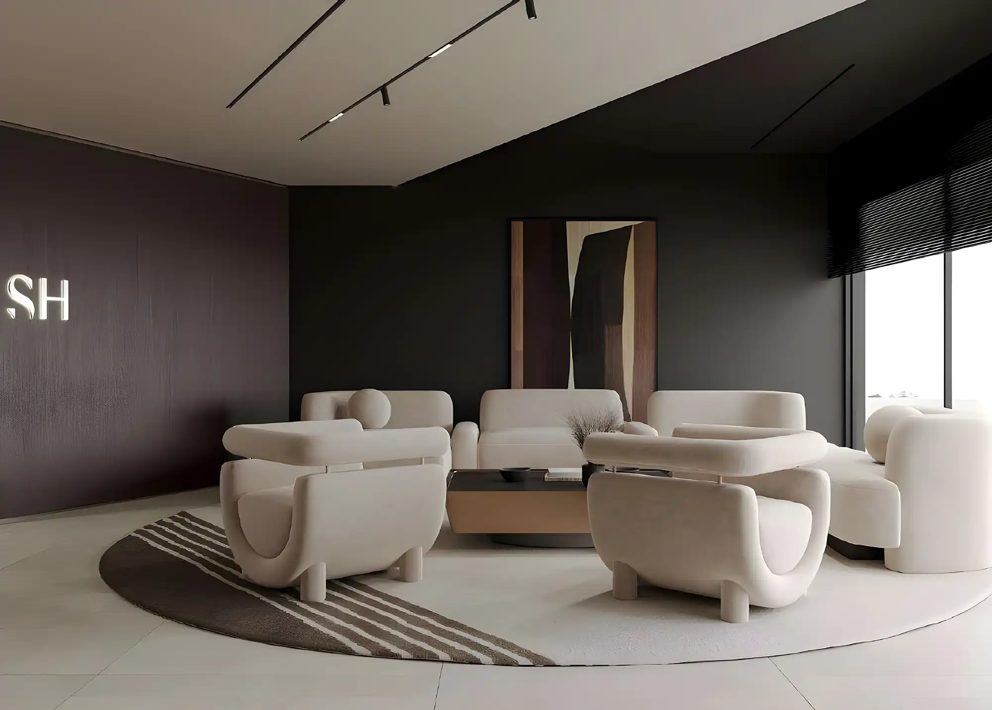 A modern office featuring a round table surrounded by chairs, located in Marea Residences.