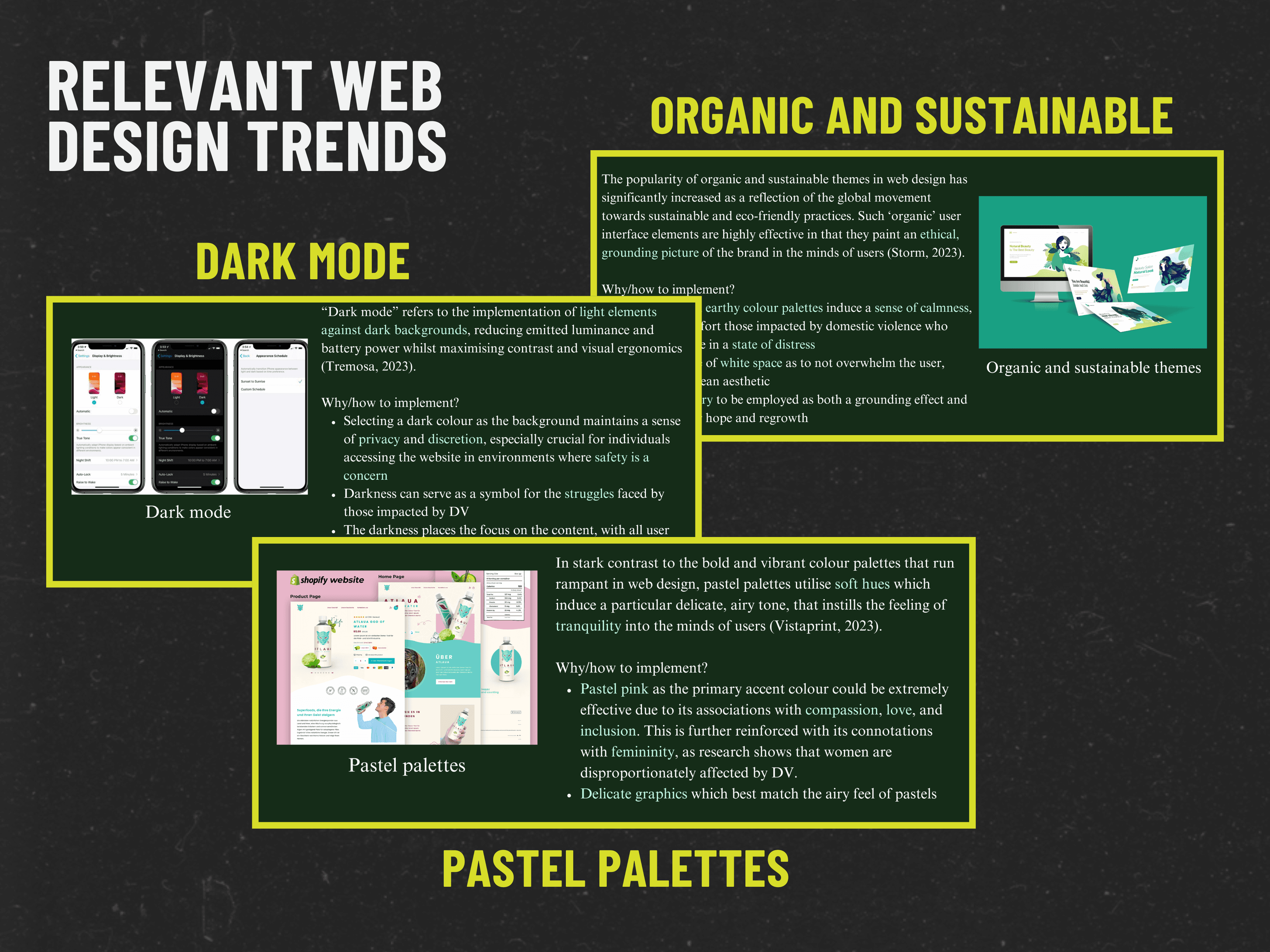 Poster highlighting relevant web design trends: organic and sustainable themes, dark mode and pastel palettes