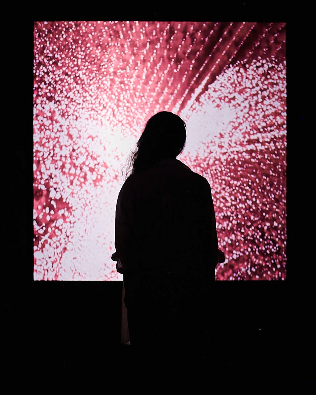 Silhouette of a visitor in front of a screen with a digital texture of an explosion of pink dots emulating the universe