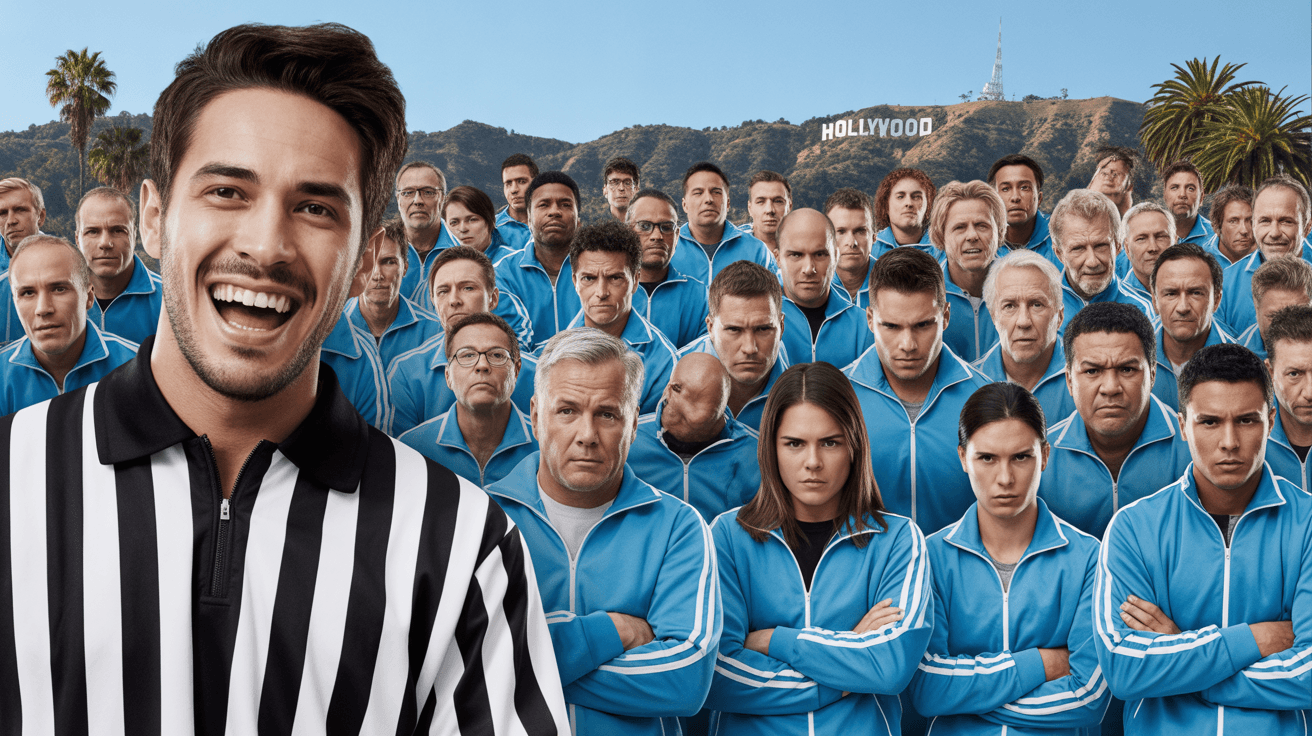 MrBeast-style mass event thumbnail with referee host and celebrity team in matching blue tracksuits