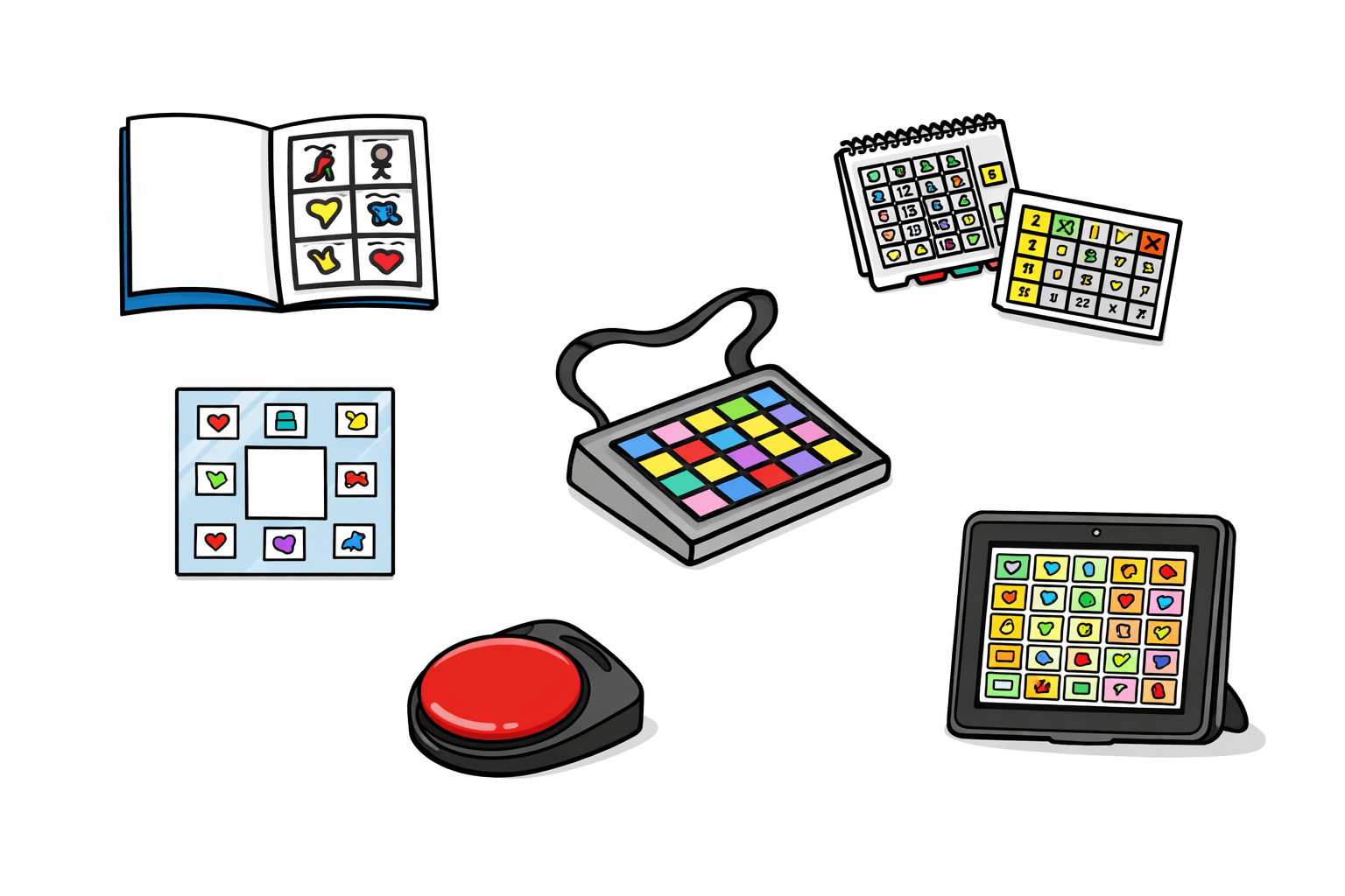 Different AAC devices including communication boards, switch button, and tablet speech device.