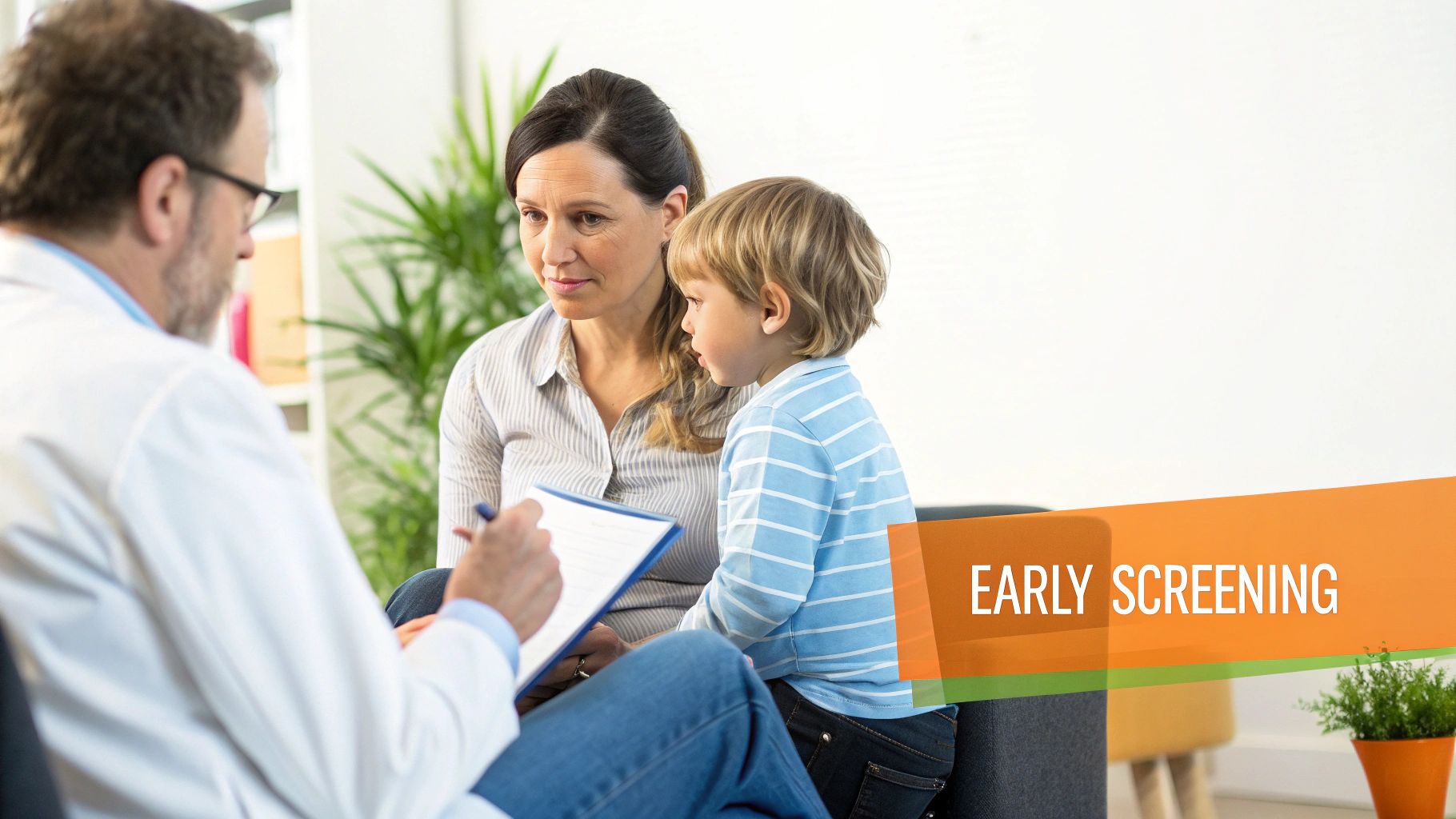 A doctor consults with a mother and her young child during an early screening appointment.