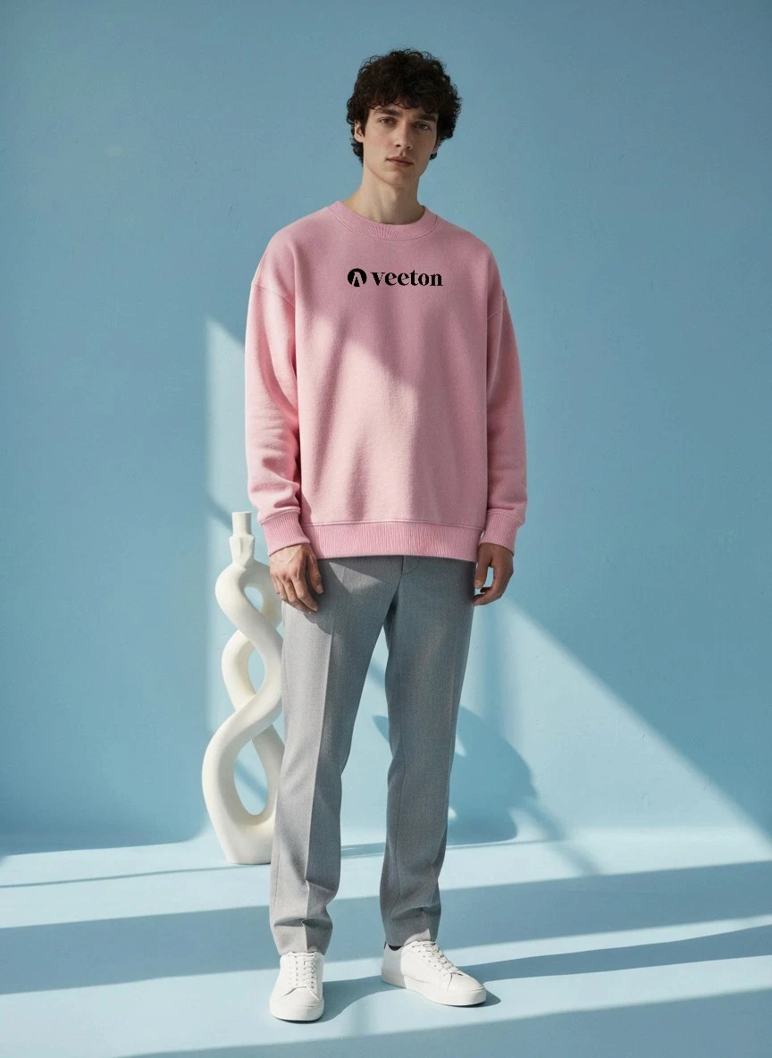 AI fashion model in pink Veeton sweatshirt and black cargo pants, full-body catalog photo