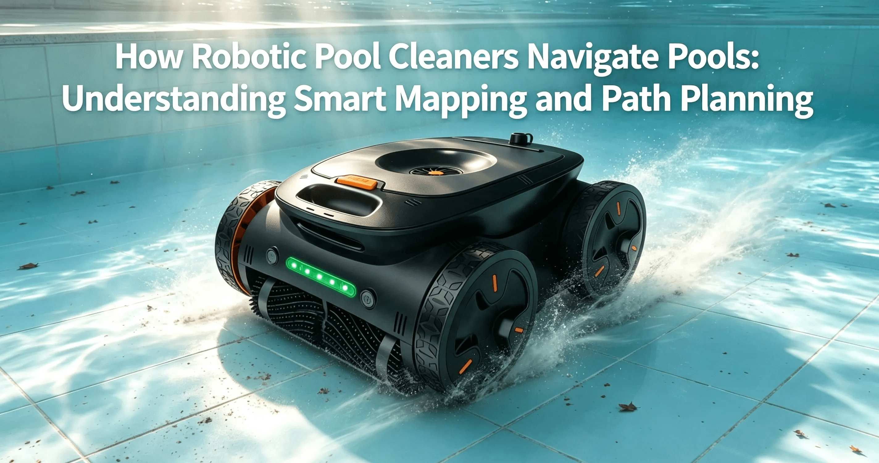 Robotic pool cleaner navigating underwater with intelligent movement