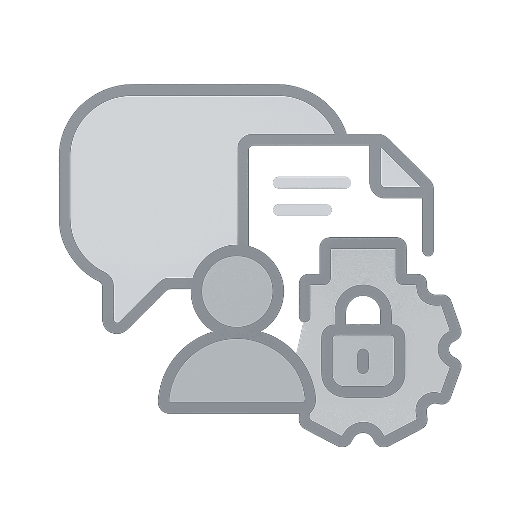 Grayscale-Illustration einer Sprechblase mit Dokument- und Benutzer-Icon – symbolisiert digitale Kommunikation und asynchronen Informationsaustausch im Lernkontext.