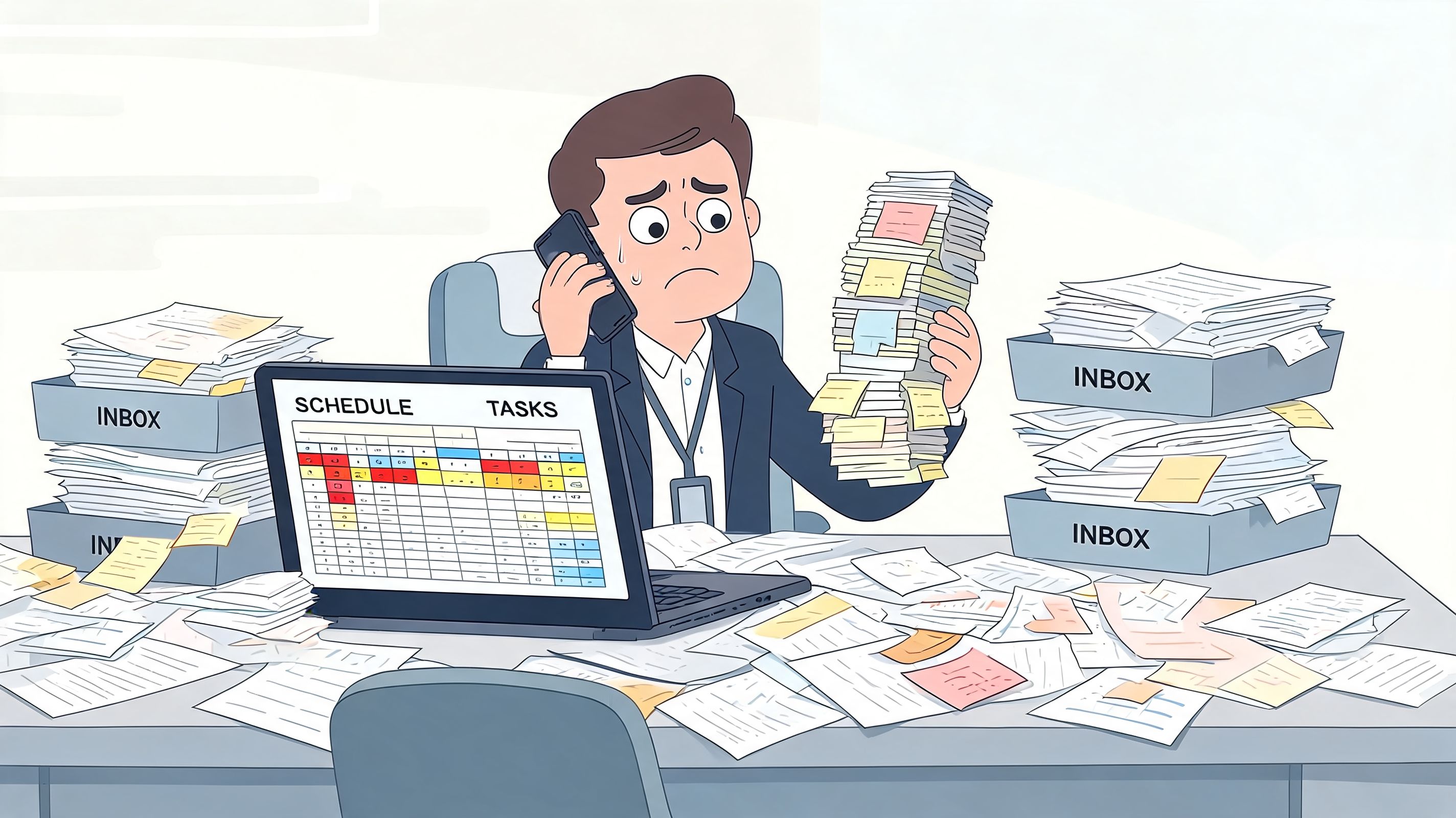 A stressed businessman in an office overwhelmed with stacks of paperwork and a cluttered schedule on laptop.