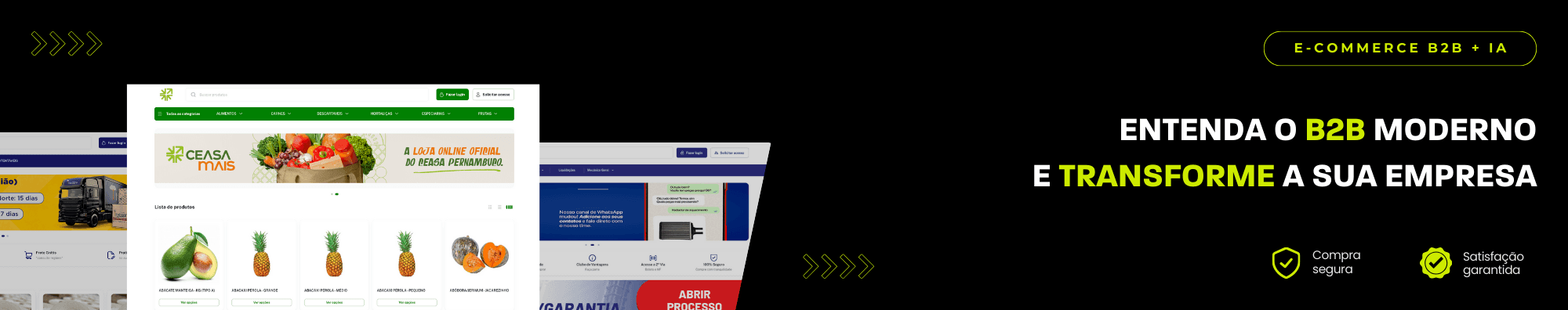 Banner horizontal com fundo escuro, ícones de segurança e satisfação, e imagens de lojas B2B exibidas à esquerda. Elementos gráficos em verde destacam o tema de e-commerce B2B com IA.