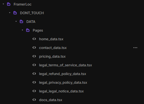 FramerLoc data file structure in Framer's code panel, showing the DONT_TOUCH > DATA > Pages folder containing individual translation data files for each page, including home_data.tsx, contact_data.tsx, pricing_data.tsx, and more.