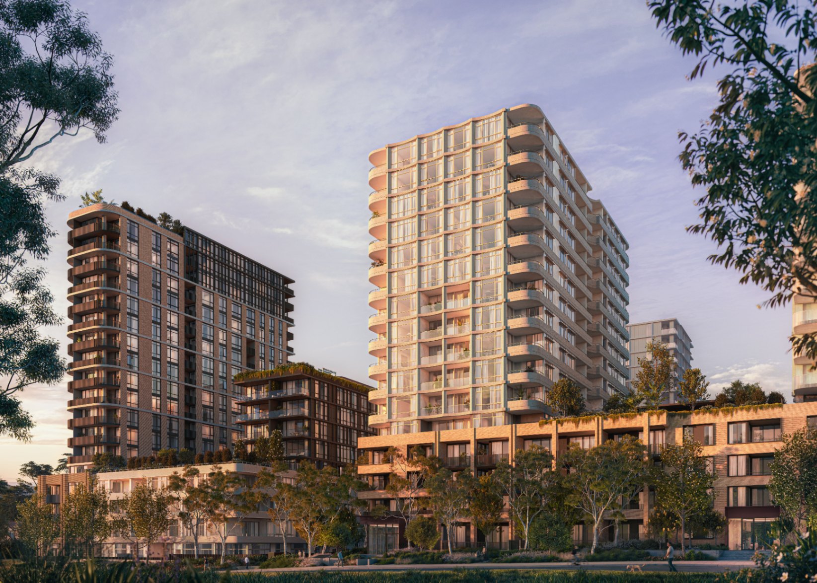 Modern off-the-plan apartment buildings with landscaped greenery and pedestrian pathways in Sydney