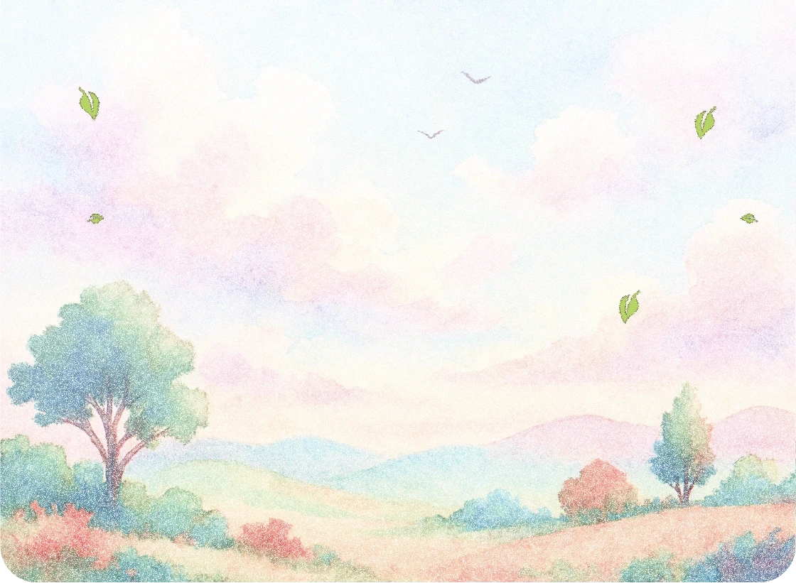 A serene, pastel-colored landscape painting showcases soft rolling hills under a sky with light pink clouds, a few birds in the distance, and trees scattered about; creating a tranquil, nature-filled scene.