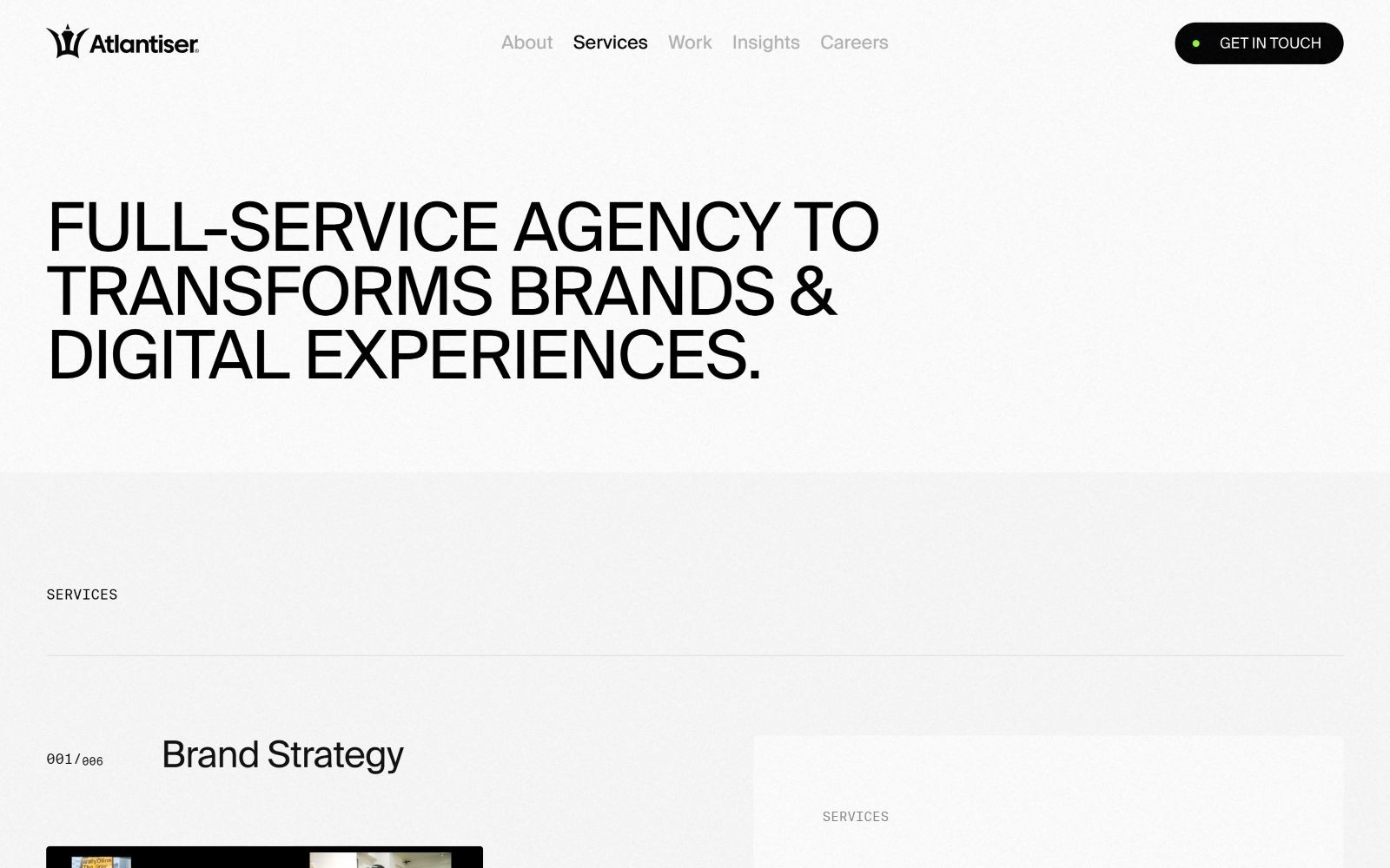 Full-service agency page with bold text "TRANSFORMS BRANDS & DIGITAL EXPERIENCES." Sections for services and brand strategy.